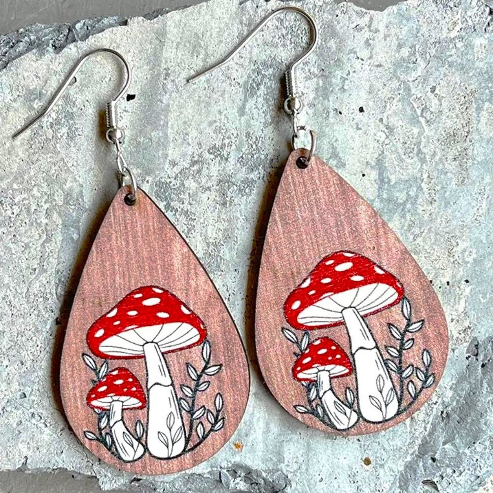 Mushroom Wood Earrings Dangle Tear Drop Hippie Boho Painted Wonderland Trippy